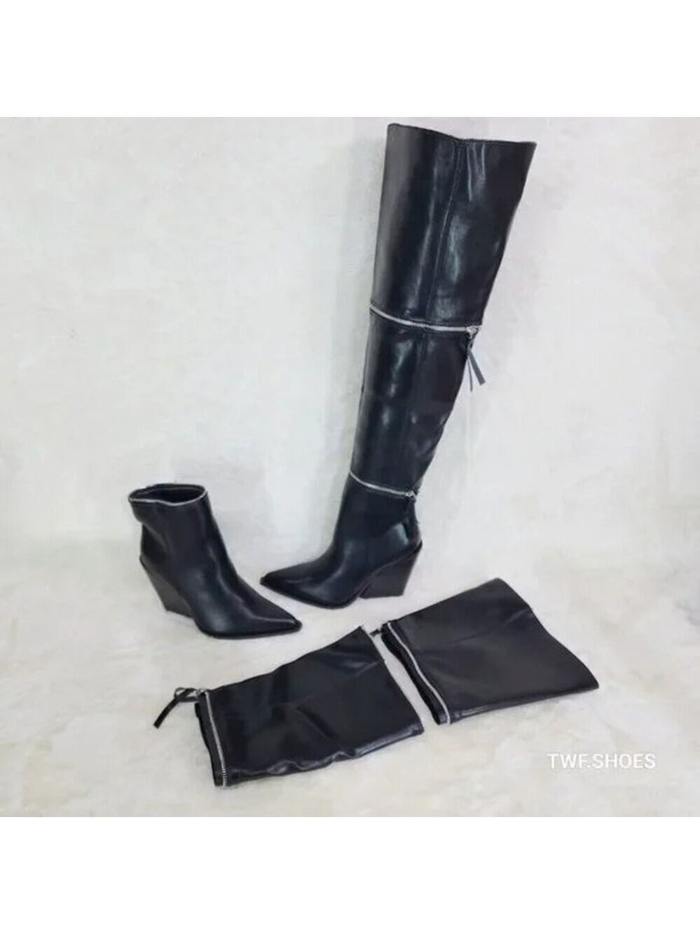 NIB Alexa Western Wedge All in One Zipper Shaft Ankle Knee & Thigh Boots Black - Picture 8 of 15